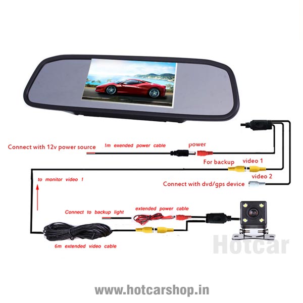 Yobat 5 Inch Mirror Integrated Reverse Parking Display with Camera - With One Year Warranty