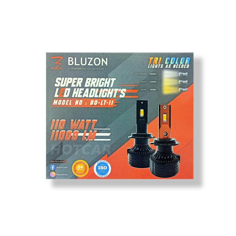 Bluzon Super Bright Tri Colour LED Bulbs for Car Headlights & Fog Lights (110 Watts)